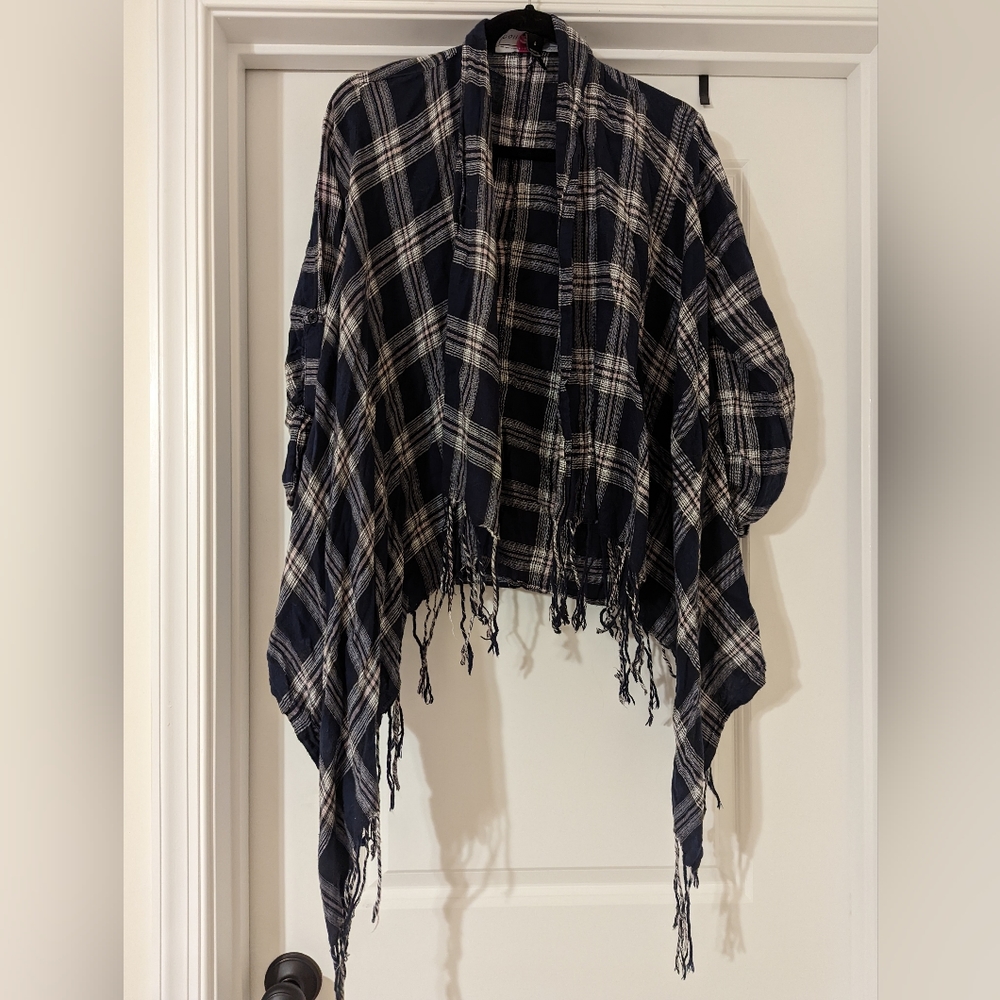 Polly Esther Blue And Light Pink Plaid Fringe Cardigan 100% Cotton